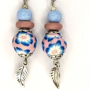 Pink and Blue Floral Bead Earrings with Silver Leaf